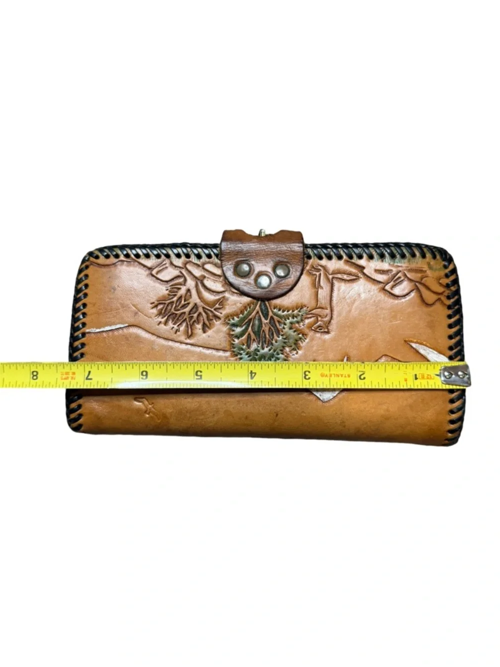 Vintage Hand Tooled Leather Wallet Western Deer Scene Snap Closure Brown